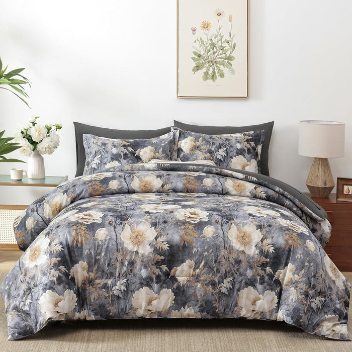 WONGS BEDDING Botanical Comforter Set Queen, 7 Pieces Green Reversible Bed in a Bag Floral Leaves Bedding Soft Microfiber Queen (1 Comforter,2 Pillowcase,2 Pillow Shams,1 Flat Sheet,1 Fitted Sheet)