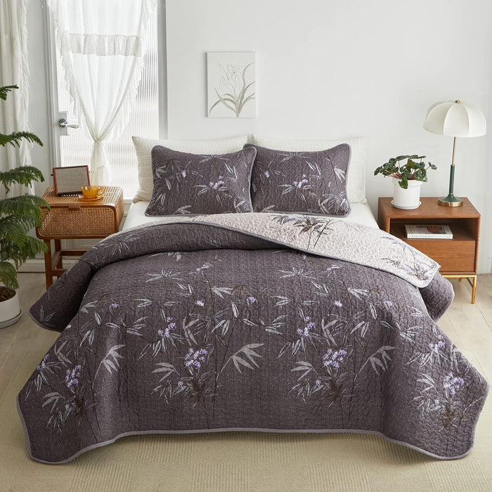 Flysheep 3 Pieces Quilt Set Full/Queen Size, Beige Floral Reversible Bedspread Coverlet Set, Soft Microfiber Lightweight Bed Cover for All Season (90" x 90", 1 Quilt+ 2 Pillow Shams)