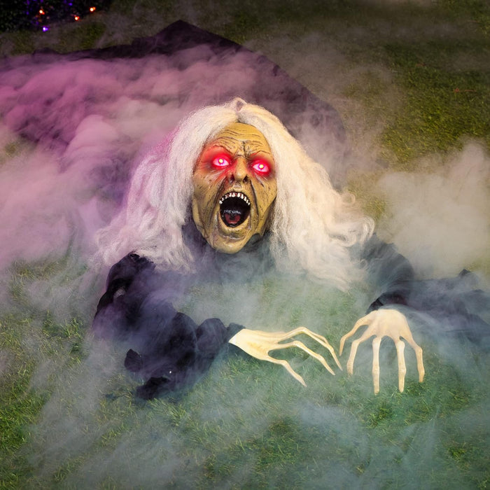 JOYIN Zombie Halloween Decoration Outdoor Witch Groundbreaker Halloween Graveyard Decor Outside, Scary Zombie Props with Sound Effect & Lighted Eyes for Haunted House, Lawn Yard Decorations