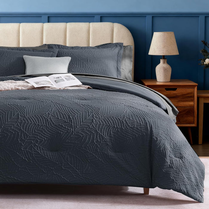 Geniospin Queen Comforter Set - 7 Pieces Purple Bedding Set, Botanical Textured Fall Comforter Set, All Season Comfortable Bed in a Bag with Comforter, Sheets, Pillowcases & Shams