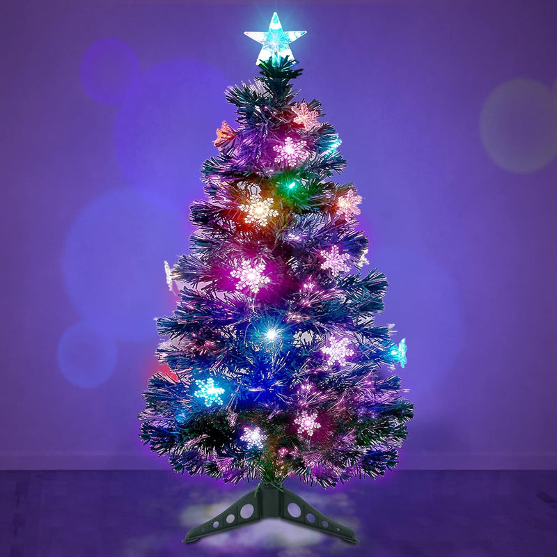 Prsildan 5 FT Artificial Christmas Tree, Pre-Lit Optical Fiber Xmas Trees with Multicolor LED Lights, Snowflakes & Top Star, Lighted Christmas Tree Holiday Home Decor