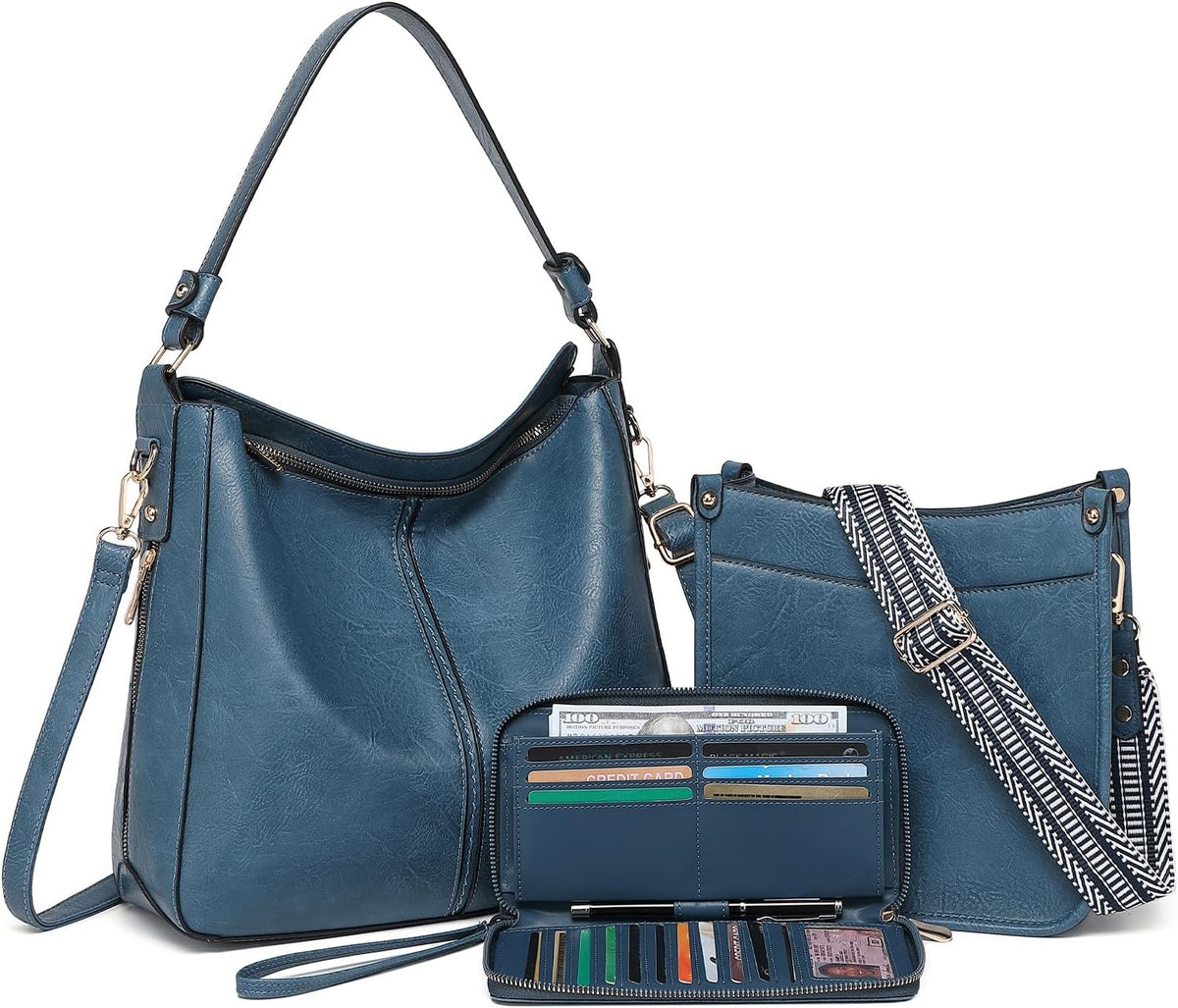 Purses for Women 3PCS, Crossbody Bags Set Large Leather Purse Shoulder Handbags with Wallet Adjustable Straps for Ladies Tote