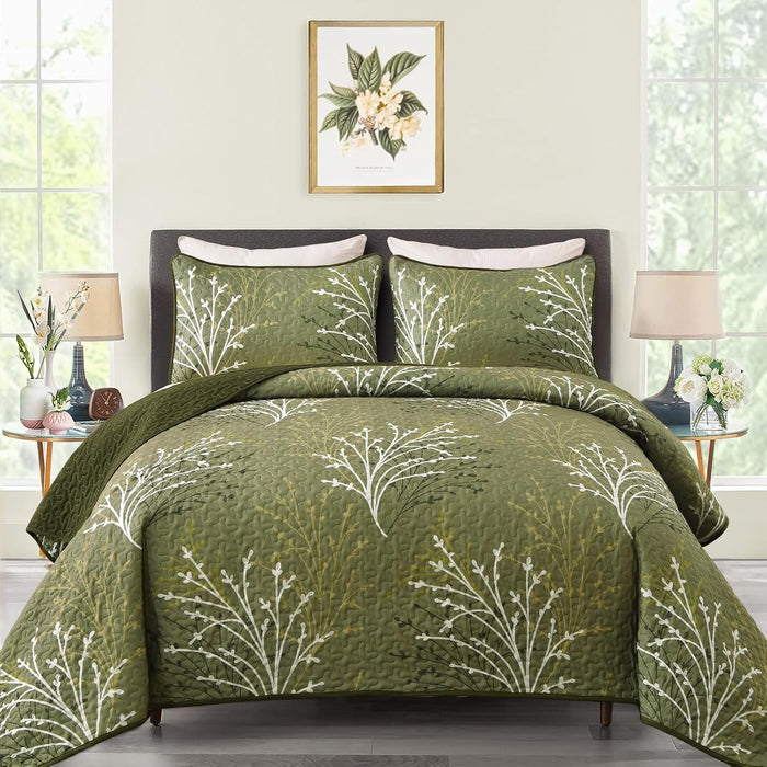 DJY Sage Green Quilt Set Full Size, Branch Botanical Pattern Bedspread Coverlet Set, 3 Piece Microfiber Green Floral Quilt Bedding Set Lightweight Summer Bedspread for All Season, 80''x90''