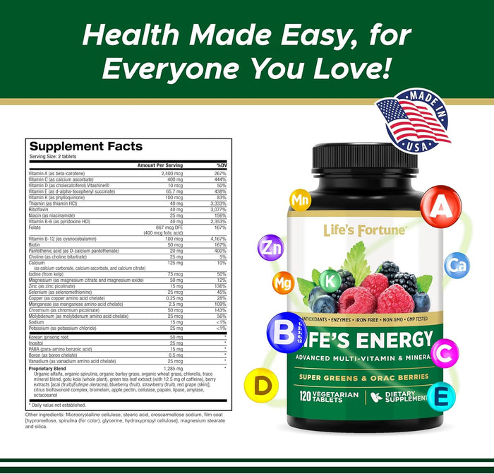 Life's Energy Advanced Daily Multivitamin for Men & Women, Energy & Immune Support Supplement with Super Greens - Antioxidants & Enzymes - Iron Free, Vegetarian, 120 Tablets by Life's Fortune
