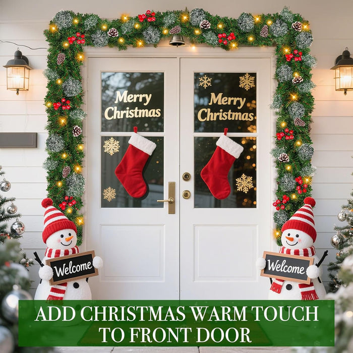 Timer - 9Ft by 10 Inch Prelit Christmas Garland Decoration with 50 Warm White LED Battery Operated Lighted Garland, 200 Branches 20 Canyon Pine Berry Pinecone, Xmas Stair Home Fireplace Outdoor Indoor