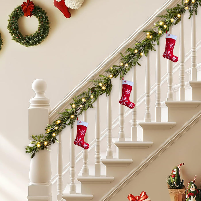 6FT Pre-lit Two-Tone Olive Christmas Garland Set of 2 Battery Operated Artificial Greenery Winter Mistletoe Garland with Timer for Mantle, Stairs Railing, Patio,Table, Window, Front Door Holiday