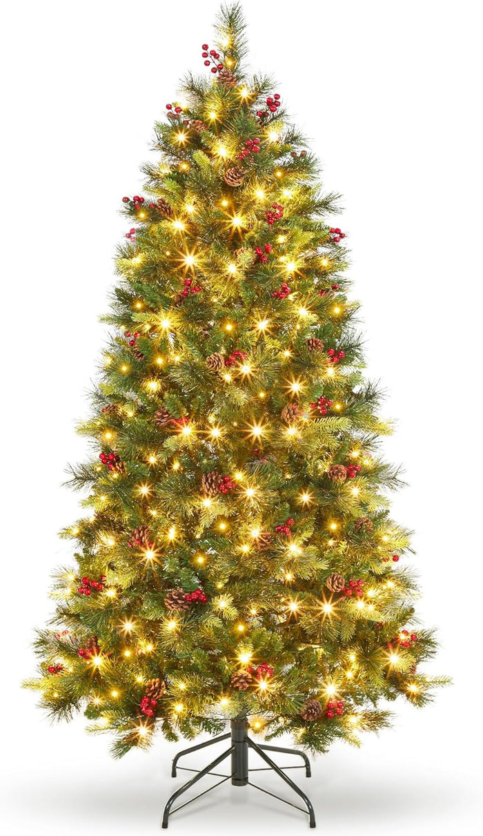 GarveeHome 9 FT Artificial Pre-lit Christmas Tree, Green PVC&PE Full Christmas Tree with 700 Warm White Lights for Home, Office, and Xmas Party Décor, Includes Stand