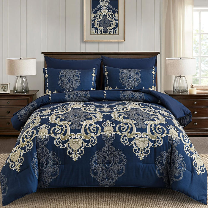 Mybedsoul King Size comforter set, 7 Pieces Boho Bed in a Bag for King Bed, Black Damask Comforter Set with Sheet, Pillowcases & Shams, Soft Microfiber Lightweight Bedding Set for All Season(90"x104")