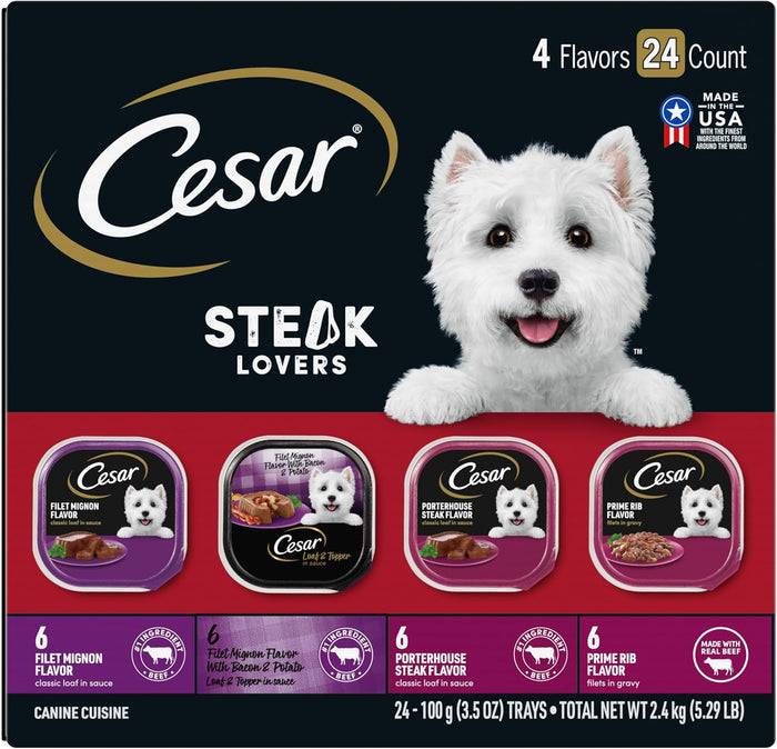 Cesar Wet Dog Food Classic Loaf in Sauce, Steak and Chicken Lovers Variety Pack with Real Meat or Real Chicken, 3.5 oz. Easy Peel Trays (36 Count, Pack of 1)
