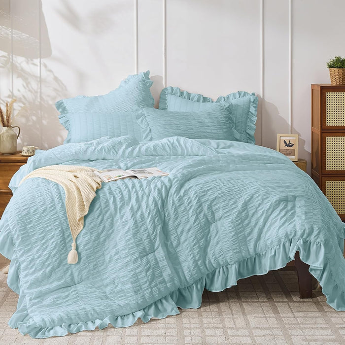 JOLLYVOGUE Dark Green Comforter Full Size, 3 Pieces Seersucker Lightweight Full Size Bedding, All Season Fluffy Microfiber Bedding Comforter Set with 1 Ruffle Comforter and 2 Ruffle Pillowshams