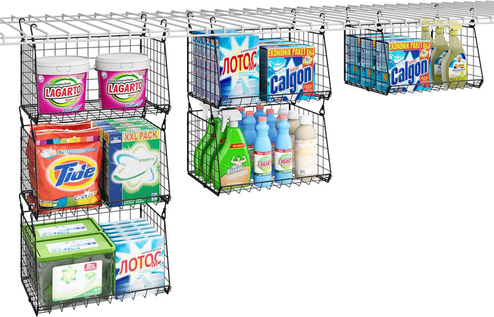 3-Pack Hanging Laundry Room Organizaton：Foldable Laundry Basket Wire Basket with 360°Rotating Hooks Small Space Organization Over Washer and Dryer Shelves - Hanging Closet Organizer, Black Patent