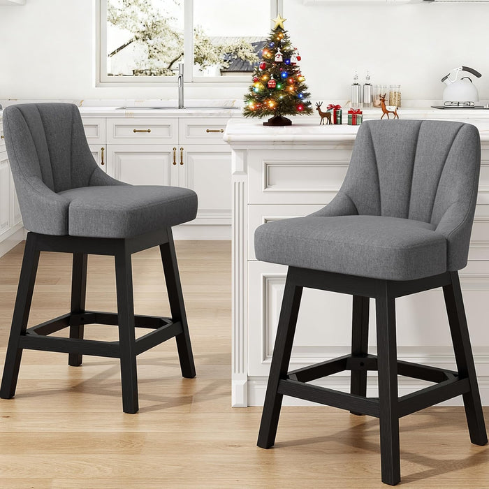 Swivel Bar Stools Set of 2, 26" Fabric Upholstered Counter Height Barstools, Modern Kitchen Island Chairs with Back and Solid Wood Legs for Home Bar Dining Room, Dark Grey