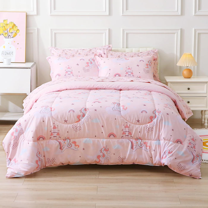Viviland 5 Pieces Twin Pink Unicorn Comforter Set for Girls - Kids Brushed Microfiber Twin Bedding Set - Machine Washable Bed in A Bag with Soft Comforters, Sheet Set, Shams - Unicorn Love Heart