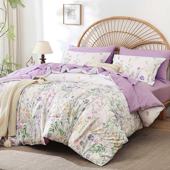 Yiran Blue Floral Comforter Set Queen Size, 7 Piece Watercolour Botanical Comforter Bedding Set, Bed in a Bag Queen, Soft Microfiber Complete Bedding Set with Sheets for All Season