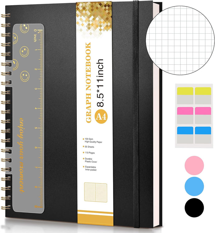 Graph Paper Notebook, Spiral Notebook Journal 8.5” x 11”, A4 Large Grid Notebooks for Women Men, 100 GSM Graph Paper, Plastic Hardcover Spiral Graphing Journals for Work School Engineerin, Yellow