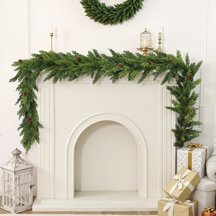 2PCS Christmas Garland, Cedar Garland -Realistic Greenery Cypress Pine Garland with Pinecone for Mantle Table Railing Fireplace Indoor & Outdoor Christmas Decoration