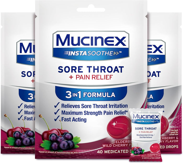 Mucinex Instasoothe Sore Throat Relief, Sore Throat Lozenges, Sore Throat Medicine with Hexylresorcinol, Cough Drops Alternative, 40 Elderberry & Wild Cherry Medicated Numbing Throat Drops