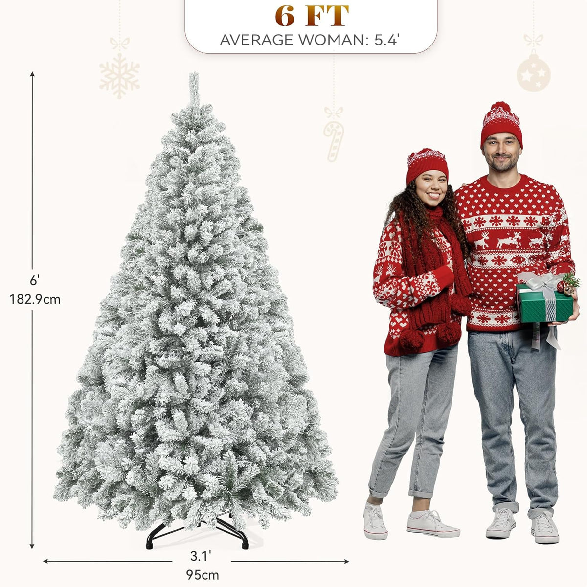 YITAHOME Snow Flocked Artificial Full Christmas Tree, Christmas Pine Tree with 880 Branch Tips, and Foldable Base for Home, Party Decoration(6ft)
