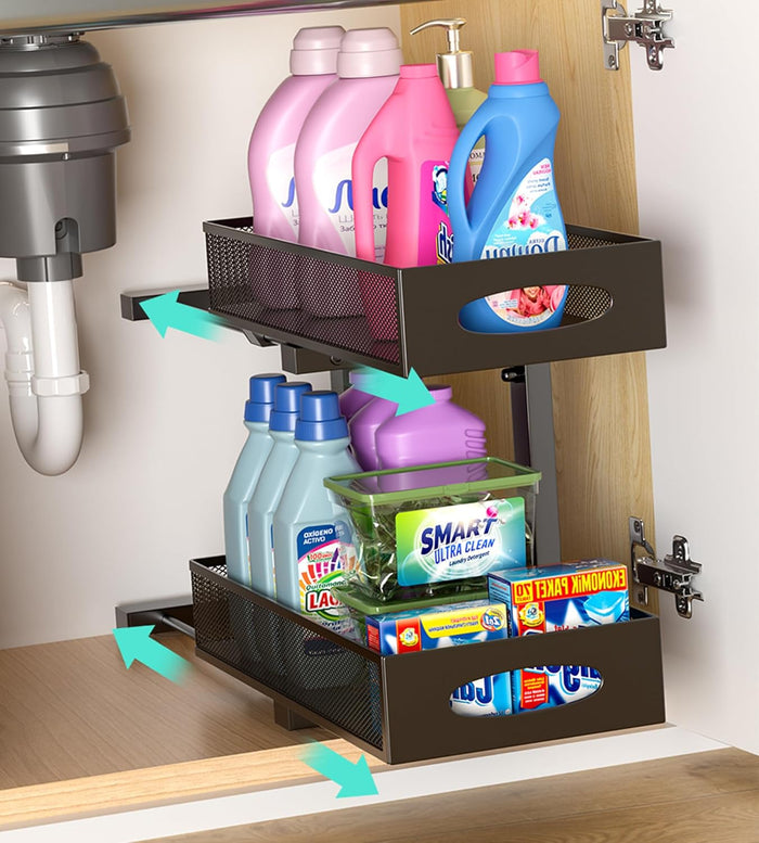 Under Sink Organizer, Extra-Wide Upgrade, 2-Pack of 2-Tier Metal Slide Out Cabinet Organizer, Height Adjustable Organization and Storage Series, Bathroom/Cabinet/Kitchen organization, Black