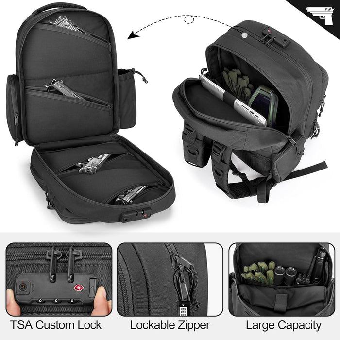Tactical Pistol Backpack for 4 Handguns and 12 Mags, Gun Range Backpack with TSA Lock and Padded Shoulder Straps, Black