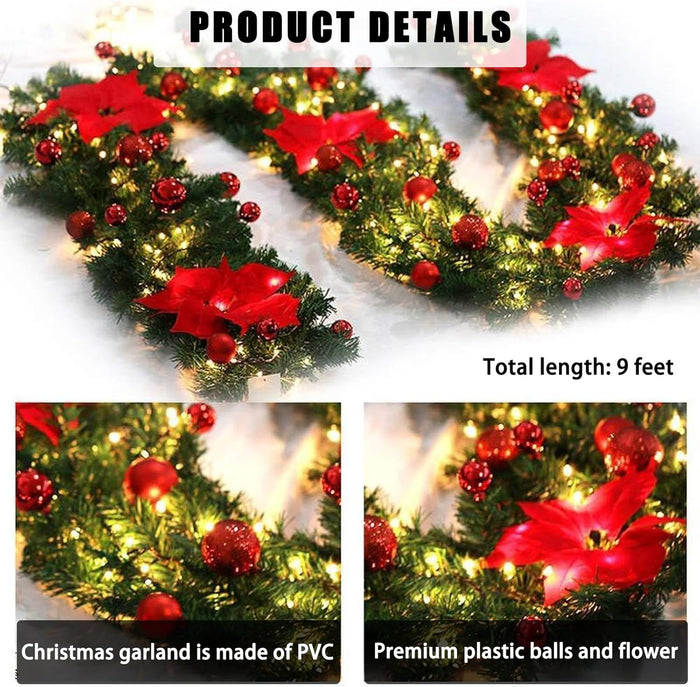 HIIXHC Christmas Illuminate Garland, 9 ft Rattan Artificial Flower Vine Plants Outdoor Decorations, Pre-Lit Battery Operated (Battery Not Included)