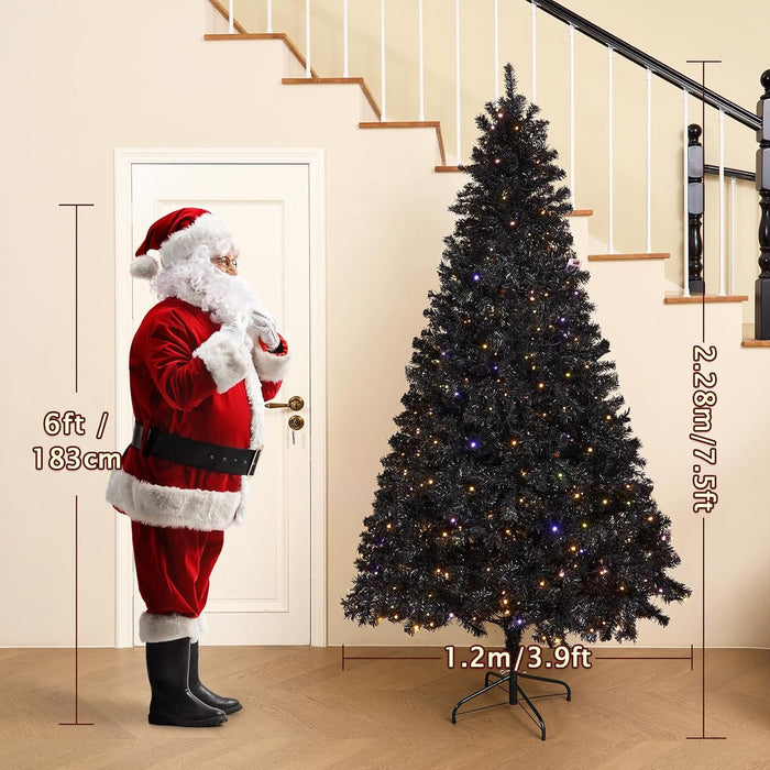 7.5FT Black Artificial Christmas Tree Prelit with 1600 PVC Branch Tips, Auto Hinges & 600 Lights & 9 Modes, Seasonal Holiday Party Decorations with Sturdy Metal Stand
