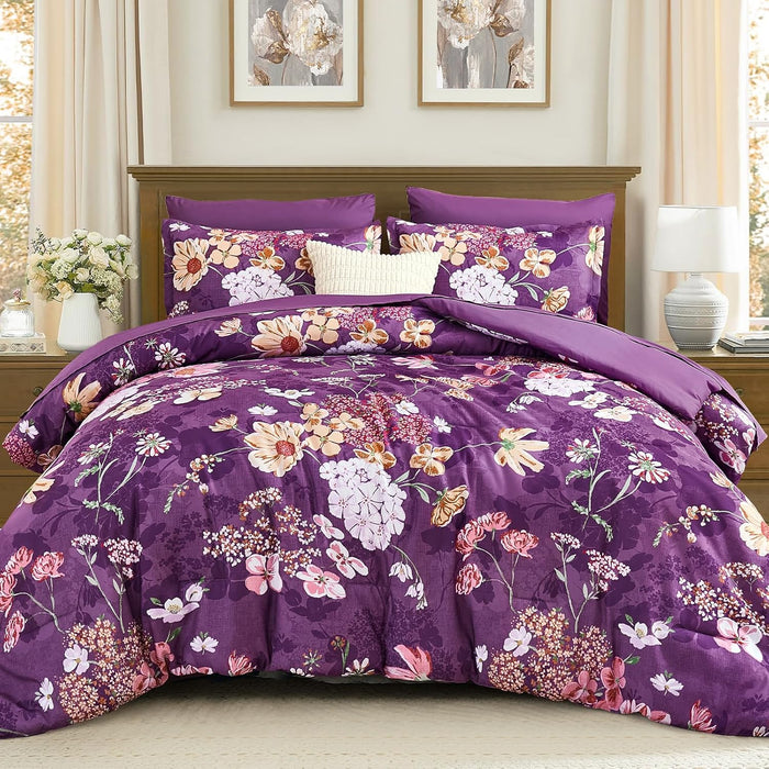 Yiran Black Red Fall Floral Comforter Set Queen Size, 7 Piece Comforter Bedding Set, Botanical Bed in a Bag, Soft Microfiber Complete Bedding Set with Sheets for All Season