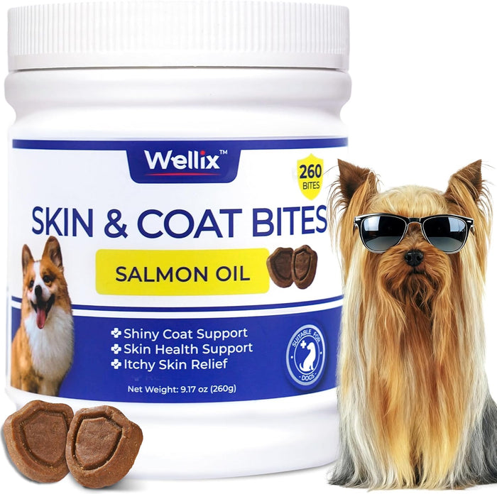 260 Bites Wellix Dog Skin and Coat Supplement - Affordable, Long-Lasting Omega 3 Fish Oil for Dogs - Supports Skin & Coat, Itching Relief & Anti-Shedding Tasty Dog Allergy Chews