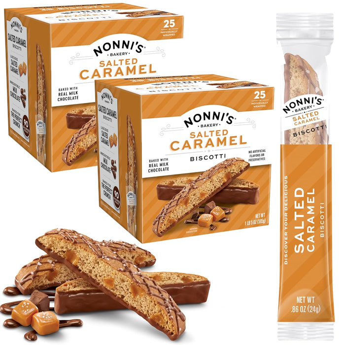 Nonni's Salted Caramel Milk Chocolate Biscotti Cookies — Individually Wrapped Italian Coffee Snack, Crunchy Twice-Baked, 90 Cal Each, 21 oz Carton