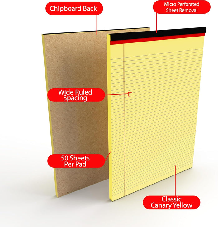 E-CLIPS USA Notepads, Legal Pads, Note Pads 8.5 x 11, Legal Wide Rule Notepad, Canaray, Chipboard Back, Writing Pad, Office Supplies, 50 Sheets Per Pad (48 Pack)
