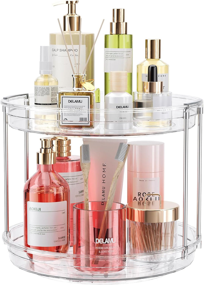 LAMU 2 Tier Lazy Susan Turntable Organizer 9.25'' Rotating Spice Rack Organization for Cabinet, Kitchen, Pantry, Countertop, Bathroom, Vanity, Medicine Cabinet Organizer, Clear