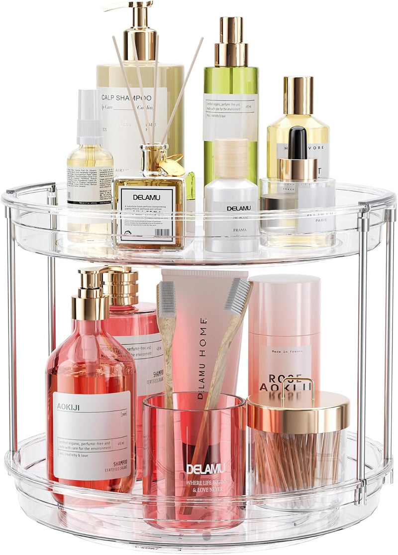 LAMU 2 Tier Lazy Susan Turntable Organizer 9.25'' Rotating Spice Rack Organization for Cabinet, Kitchen, Pantry, Countertop, Bathroom, Vanity, Medicine Cabinet Organizer, Clear