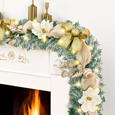 Christmas Garland with Lights, 5.9 FT Luxury Christmas Garland for Mantle, Christmas Flocked Garland with Gold Bows Ribbons Magnolia for Front Door Fireplace Table Home Decor