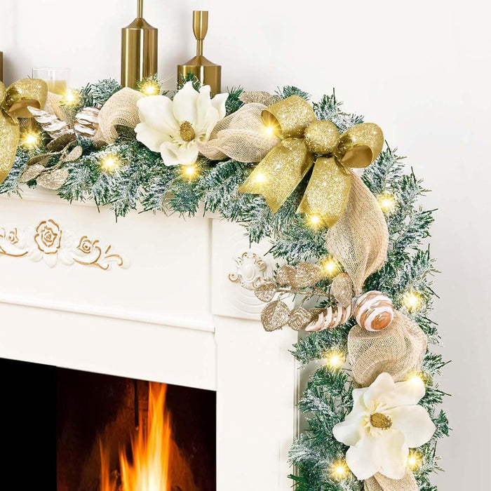 Christmas Garland with Lights, 5.9 FT Luxury Christmas Garland for Mantle, Christmas Flocked Garland with Gold Bows Ribbons Magnolia for Front Door Fireplace Table Home Decor