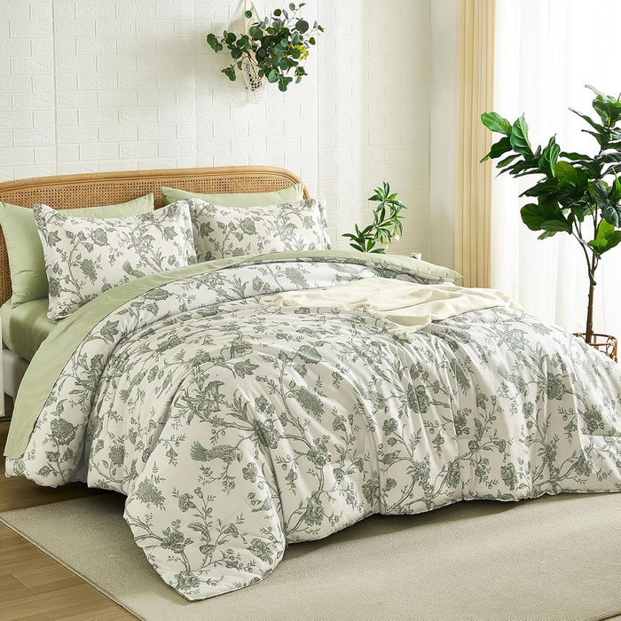 Luxudecor Floral Queen Comforter Set 7 Pieces Bed in a Bag, Sage Green Flower with Bird Bedding Set, Soft Reversible Comforter with Sheet Set 90"x90"