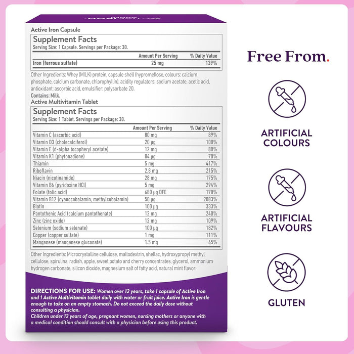 Active Iron Supplement 25mg + Multivitamin for Women – Clinically Proven to Increase Energy & Reduce Tiredness – Gentle, Non-Constipating Iron + Women’s Multivitamin – 30 Capsules + 30 Tablets