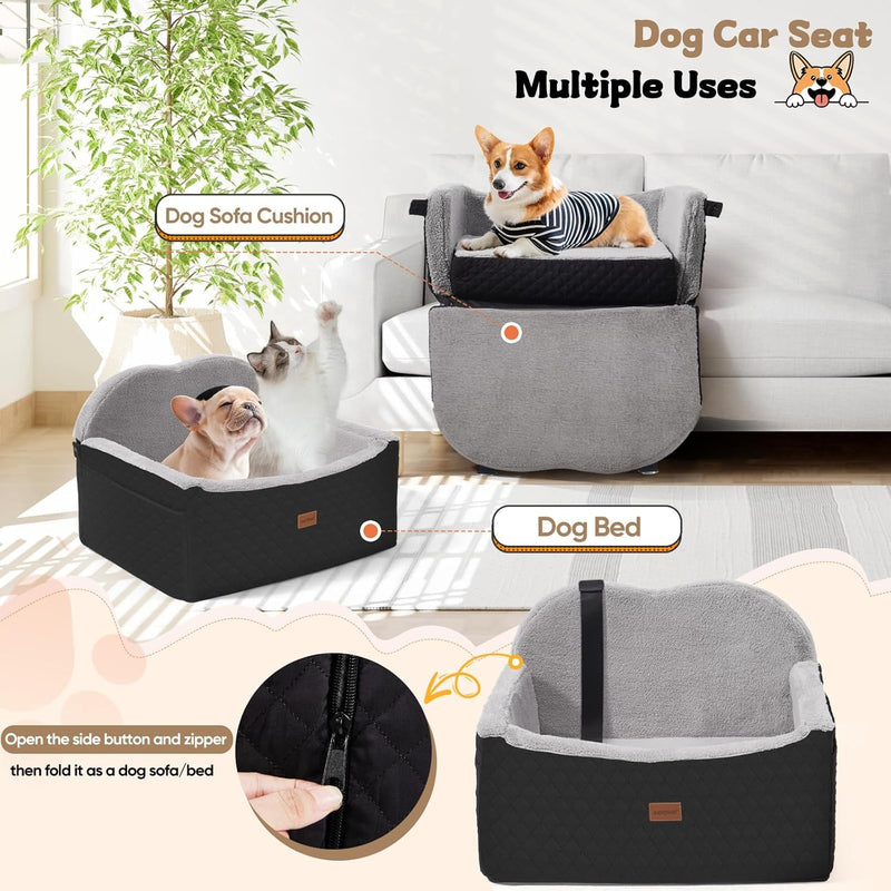 Dog Car Seats for Small Dogs, Detachable Dog Booster Car Seat with Storage Pockets Safety Belt, Pet Booster Cushion for Medium Dogs, Foldable Pet Sofa Cushion & Travel Bed
