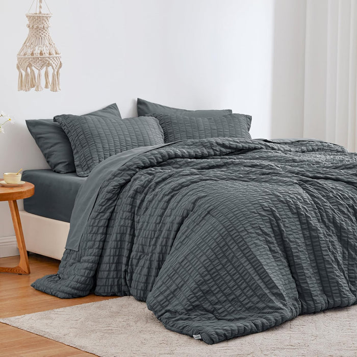Love's cabin Seersucker Dark Grey Queen Comforter Set 7 Pieces, All Season Bedding Set, Queen Bed in a Bag Comforter Set with Comforter, Flat Sheet, Fitted Sheet, Pillowcase and Pillow Sham