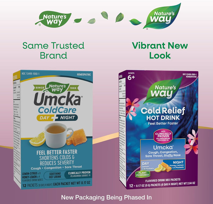 Nature's Way Cold Relief Hot Drink, Umcka, Homeopathic, Clinically Proven Pelargonium Sidoides 1X, for Cough, Congestion, Sore Throat, Stuffy Nose, Day & Night Formula, 12 Packets (Packaging May Vary)