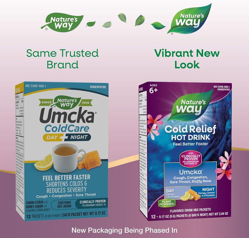 Nature's Way Cold Relief Hot Drink, Umcka, Homeopathic, Clinically Proven Pelargonium Sidoides 1X, for Cough, Congestion, Sore Throat, Stuffy Nose, Day & Night Formula, 12 Packets (Packaging May Vary)