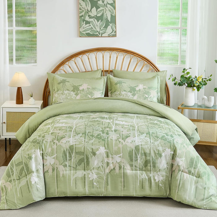 Drucon Comforter Set King Size, 7 Pieces Sage Green Floral Comforter Sets, Reversible Botanical Bed in a Bag Soft Lightweight Microfiber Bedding Sets for All Seasons (90"x104")