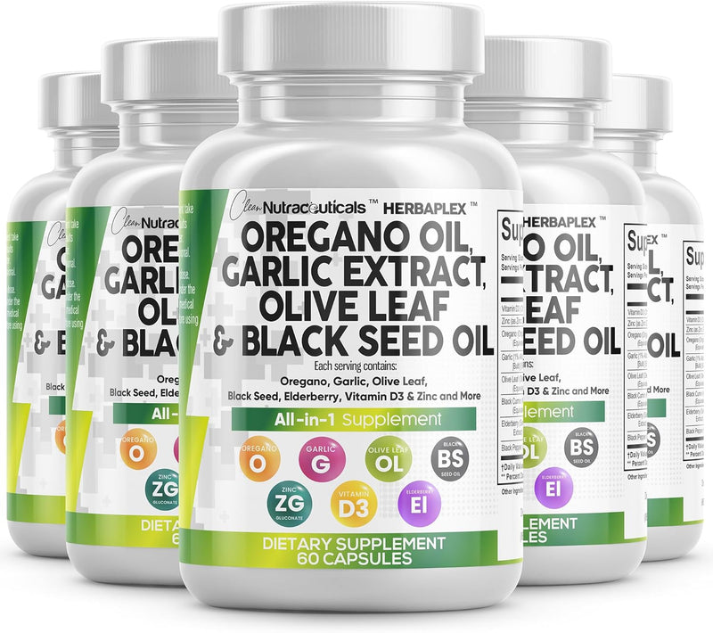 Clean Nutra Oregano Oil with Black Seed Oil Garlic Olive Leaf Extract - Oil of Oregano Capsules Immune Support Carvacrol & Thymoquinone Supplement for Women and Men + Elderberry Vitamin D3 & Zinc