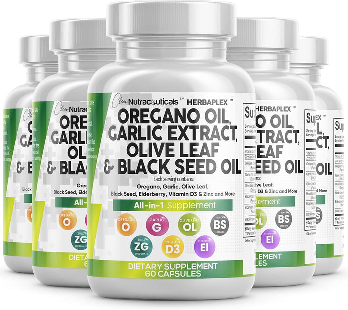 Clean Nutra Oregano Oil with Black Seed Oil Garlic Olive Leaf Extract - Oil of Oregano Capsules Immune Support Carvacrol & Thymoquinone Supplement for Women and Men + Elderberry Vitamin D3 & Zinc