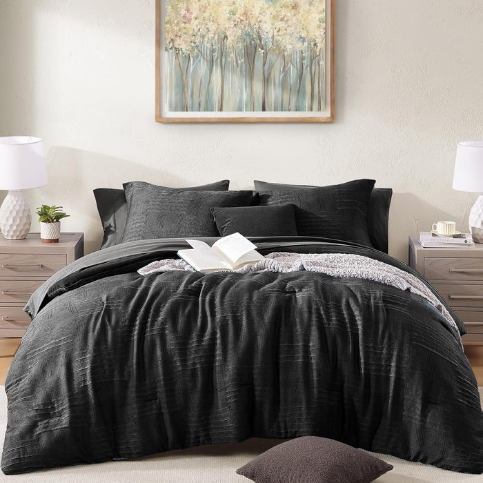MaiRêve Charcoal Grey Full Comforter Set, Textured Design Grey Crinkle Bed in A Bag Full Size, Full Comforter Set with 7 Pieces with Comforter, Sheets, Pillowcases & Shams 80"x 90"