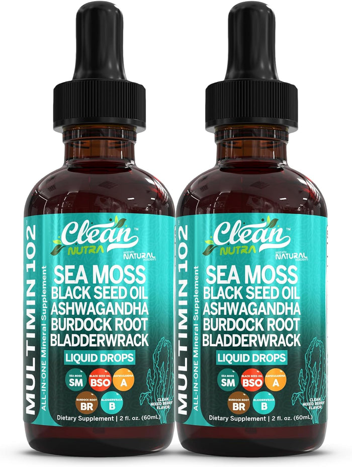 Clean Nutra Organic Sea Moss Drops Supplement | Black Seed Oil Irish Seamoss Ashwagandha Burdock Root & Bladderwrack - Multimineral Liquid Vegan for Gut Heath Energy Skin Immune Support & Hair