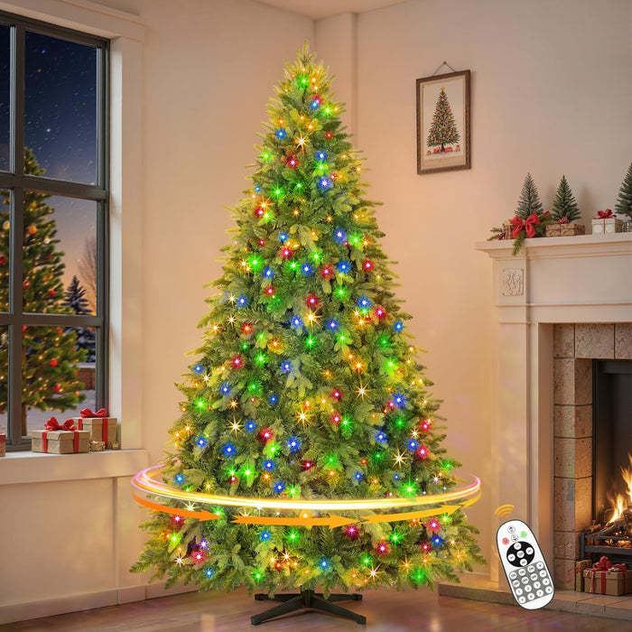 9FT Pre-Lit Rotating Artificial Christmas Tree, Deluxe Green PE & PVC Xmas Tree with Remote, Multicolor Musical LED Lights Strip with Flash Modes, Holiday Home Decor