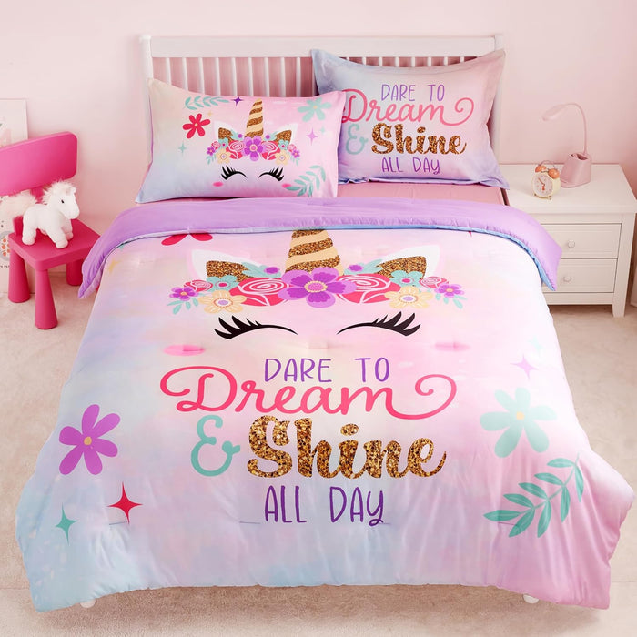Joiedomi Kid Twin Comforter Set 5 Piece Unicorn Rainbow Bedding Set for Boys/Girls Super Soft Microfiber Bed in a Bag with Comforter Sheets Pillowcase & Sham