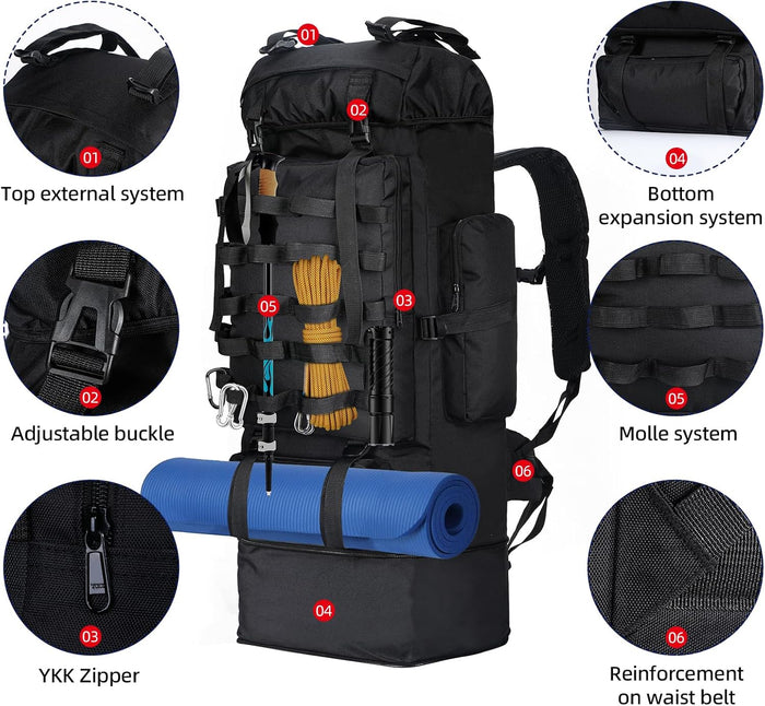 70L/100L Camping Hiking Backpack with Rain Cover, Expandable Large Military Tactical Backpack, Waterproof Molle Racksack Travel Backpacking Daypack for Climbing Trekking (Black)