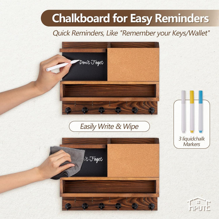 Key Holder for Wall Mount with Mail Organizer, Farmhouse Key Holder for Wall with Shelf, Chalkboard&Corkboard, Entryway Organizer 11 Metal Hooks, Decorative Natural Pine Wood, 14.6*11.1*3.3”, B-Brown