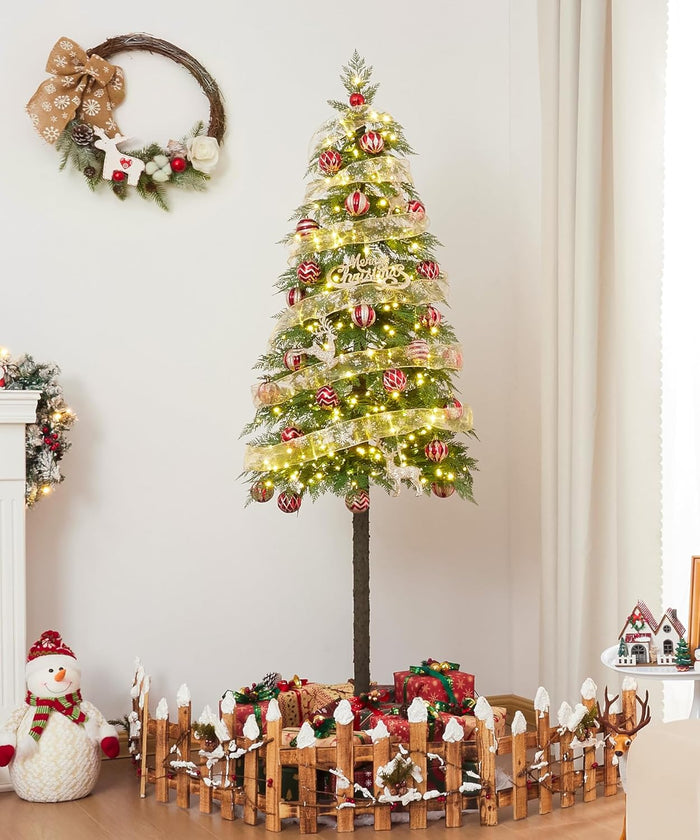 Decoway 7FT Artificial Christmas Tree with 350 Warm White Led Lights, Pre-Lit Xmas Tree with Realistic Bark for Indoor Outdoor Holiday Decor
